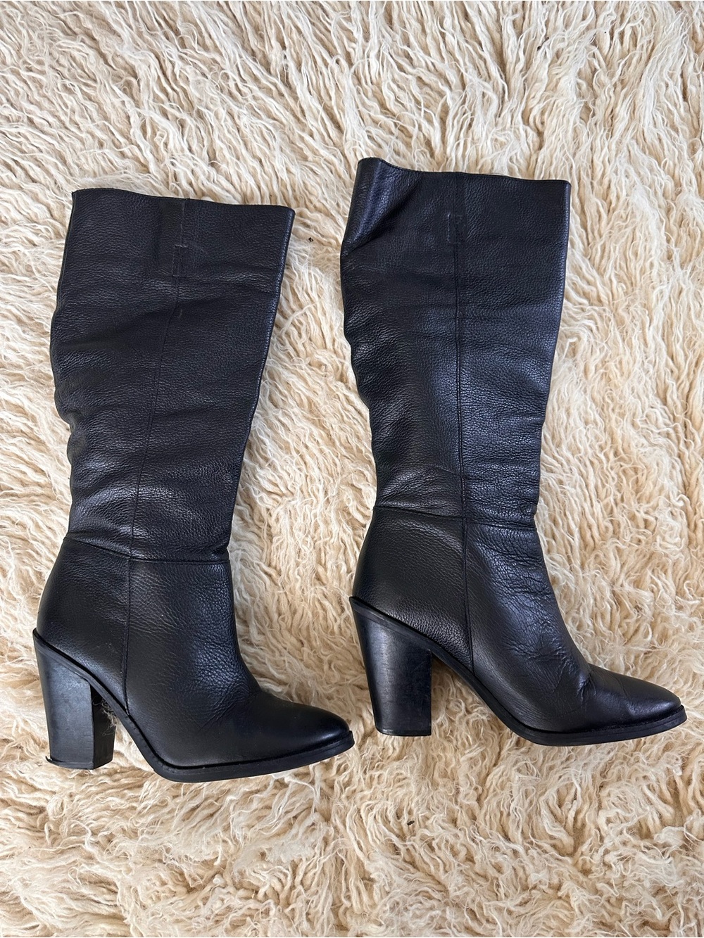 Black Leather Mid-Calf Block Heel Boots